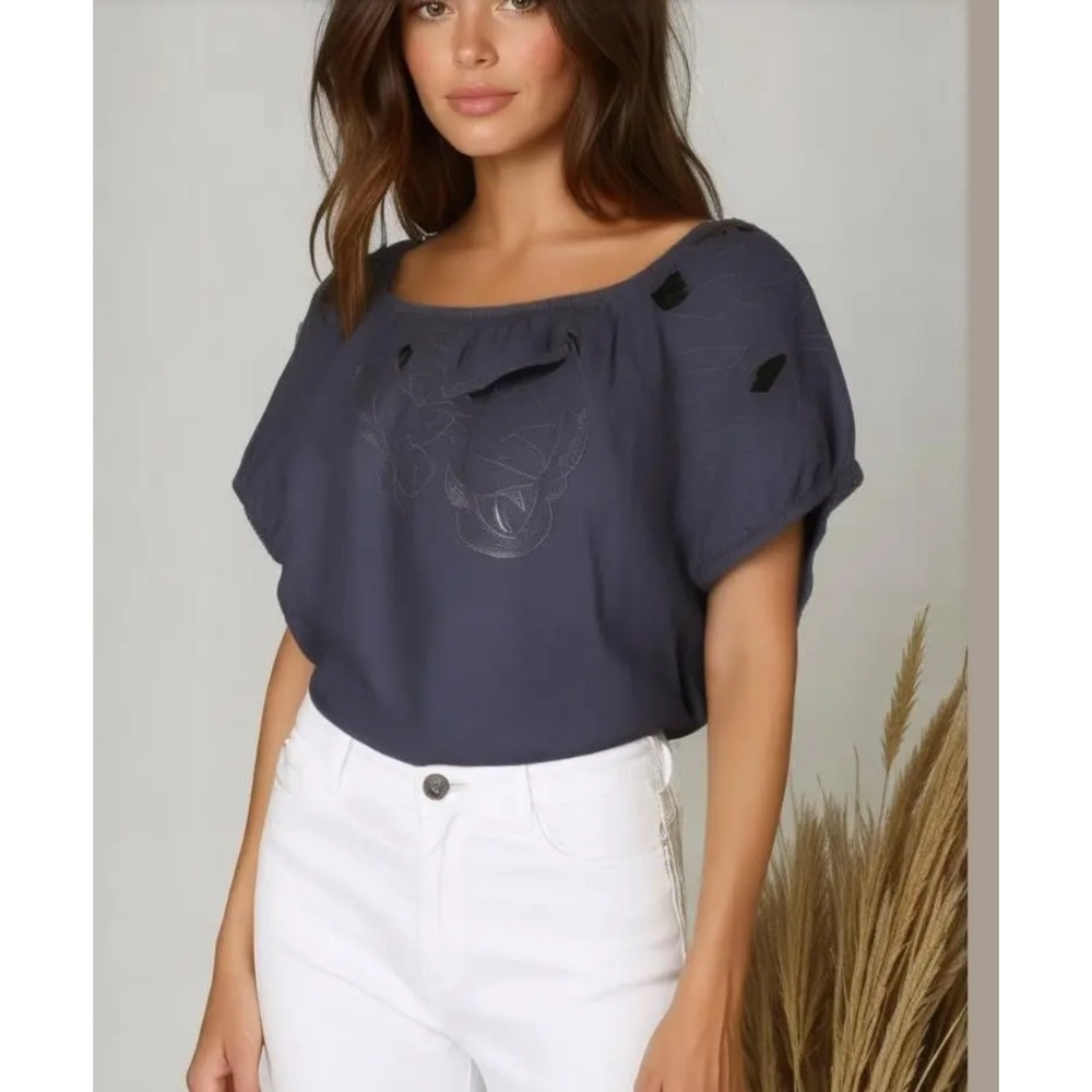 Cynthia Rowley Linen Embroidered‎ Cutout Peasant Top Puff Sleeve Navy Medium
